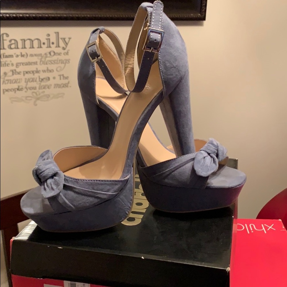 Denim Blue Suede 6 Inch 2 Strap Heels